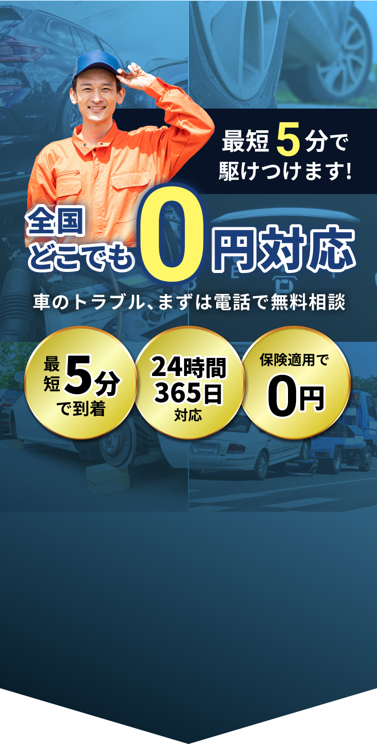 大手損保指定のレッカーサービスだから無料でご対応いたします！お電話1本で最短5分着！無料レッカー対応